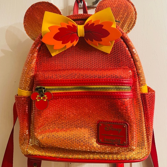 Loungefly Handbags - Loungefly Fall Sequin Ombré Minnie Red and Orange Sequin Backpack